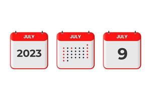 ícone de design de calendário de 9 de julho. calendário de 2023, compromisso, conceito de data importante vetor