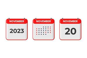 ícone de design de calendário de 20 de novembro. calendário de 2023, compromisso, conceito de data importante vetor
