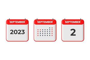 ícone de design de calendário de 2 de setembro. calendário de 2023, compromisso, conceito de data importante vetor
