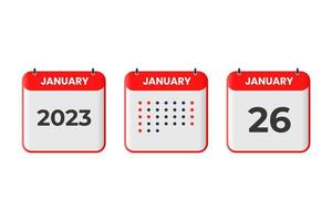 ícone de design de calendário de 26 de janeiro. calendário de 2023, compromisso, conceito de data importante vetor