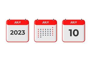 ícone de design de calendário de 10 de julho. calendário de 2023, compromisso, conceito de data importante vetor