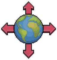 terra de pixel art com quatro setas, ícone de vetor de expansão mundial para jogo de 8 bits em fundo branco