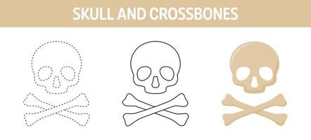 planilha de rastreamento e coloração de caveira e ossos cruzados para crianças vetor