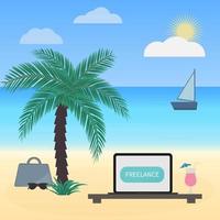 ilustração vetorial de trabalho freelance em estilo simples. laptop e copo de coquetel sob palmeira na praia tropical. conceito de trabalho distante. vetor