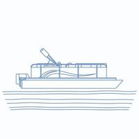 Barco de pontão de vista lateral editável na ilustração vetorial de água ondulada em estilo de contorno com cor azul para elemento de arte de design relacionado a transporte ou recreação vetor