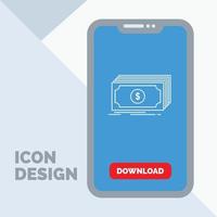 dinheiro. dólar. finança. fundos. ícone de linha de dinheiro no celular para página de download vetor