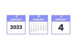design de calendário de janeiro. ícone de calendário de 4 de janeiro de 2023 para agendamento, compromisso, conceito de data importante vetor