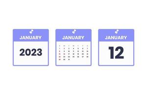 design de calendário de janeiro. ícone de calendário de 12 de janeiro de 2023 para agendamento, compromisso, conceito de data importante vetor