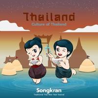cultura do festival songkran da tailândia casal de desenhos animados fofos de ilustração vetorial de personagem infantil vetor