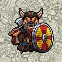 lindo cão pug viking com ilustração de escudo e machado vetor