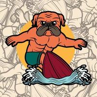 ilustração de surf de cachorro pug fofo vetor