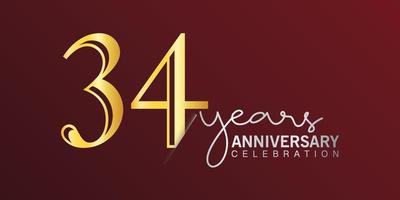 34º aniversário celebração logotipo número cor de ouro com fundo de cor vermelha. aniversário de vetor para celebração, cartão de convite e cartão de felicitações