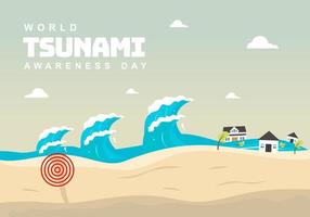 fundo do dia mundial da conscientização do tsunami com ondas e casas. vetor