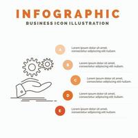 solução. mão. idéia. engrenagem. modelo de infográficos de serviços para site e apresentação. ícone de linha cinza com ilustração vetorial de estilo infográfico laranja vetor