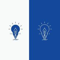 lâmpada. idéia. eletricidade. energia. linha de luz e botão web glifo em banner vertical de cor azul para ui e ux. site ou aplicativo móvel vetor