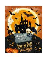 cartaz de festa de horror de halloween com fantasma e casa vetor