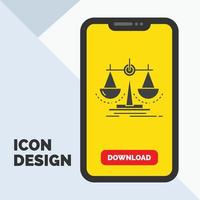 Saldo. decisão. justiça. lei. ícone de glifo de escala no celular para página de download. fundo amarelo vetor