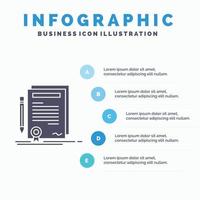 o negócio. certificado. contrato. grau. modelo de infográficos de documento para site e apresentação. ícone de glifo cinza com ilustração em vetor estilo infográfico azul.