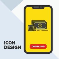 finança. investimento. Forma de pagamento. dinheiro. ícone de glifo de dólar no celular para página de download. fundo amarelo vetor