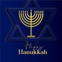 design de cartão de hanukkah feliz com símbolos de ouro sobre fundo de cor azul para feriado judaico de hanukkah vetor