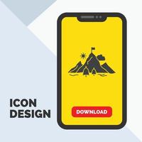 conquista. bandeira. missão. montanha. ícone de glifo de sucesso no celular para página de download. fundo amarelo vetor