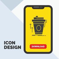 produtos. promoção. café. copo. ícone de glifo de marketing de marca no celular para página de download. fundo amarelo vetor