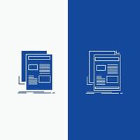 notícia. Boletim de Notícias. jornal. meios de comunicação. linha de papel e botão web glifo em banner vertical de cor azul para ui e ux. site ou aplicativo móvel vetor