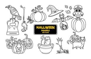 doodle desenhado de mão de halloween. lindo conjunto de carimbo digital de halloween. vetor