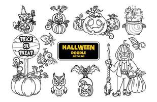 doodle desenhado de mão de halloween. lindo conjunto de carimbo digital de halloween. vetor