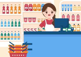 mercearia ou supermercado com prateleiras de produtos alimentares, laticínios, frutas e bebidas para fazer compras em ilustração de modelos desenhados à mão de desenhos animados planos vetor