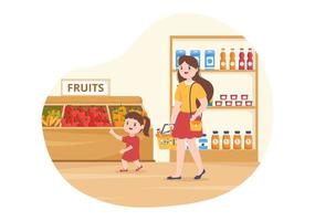 mercearia ou supermercado com prateleiras de produtos alimentares, laticínios, frutas e bebidas para fazer compras em ilustração de modelos desenhados à mão de desenhos animados planos vetor