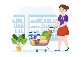 mercearia ou supermercado com prateleiras de produtos alimentares, laticínios, frutas e bebidas para fazer compras em ilustração de modelos desenhados à mão de desenhos animados planos vetor