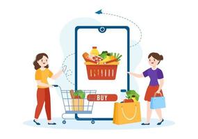 mercearia ou supermercado on-line para encomendar necessidades diárias ou alimentos através do aplicativo em ilustração de modelos desenhados à mão de desenhos animados planos vetor