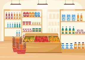 mercearia ou supermercado com prateleiras de produtos alimentares, laticínios, frutas e bebidas para fazer compras em ilustração de modelos desenhados à mão de desenhos animados planos vetor