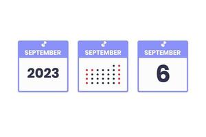 ícone de design de calendário de 6 de setembro. calendário de 2023, compromisso, conceito de data importante vetor
