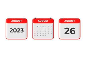design de calendário de agosto de 2023. 26 de agosto de 2023 ícone de calendário para agendamento, compromisso, conceito de data importante vetor