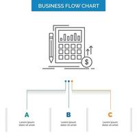 Cálculo. dados. financeiro. investimento. design de fluxograma de negócios de mercado com 3 etapas. ícone de linha para modelo de plano de fundo de apresentação lugar para texto vetor