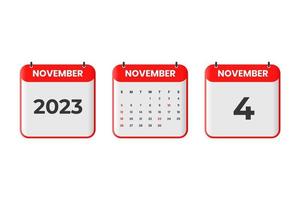 design de calendário de novembro de 2023. 4 de novembro de 2023 ícone de calendário para agendamento, compromisso, conceito de data importante vetor