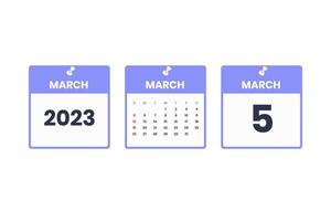 design de calendário de março. 5 de março de 2023 ícone de calendário para agenda, compromisso, conceito de data importante vetor