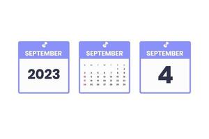 design de calendário de setembro. ícone de calendário de 4 de setembro de 2023 para agendamento, compromisso, conceito de data importante vetor