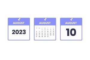 design de calendário de agosto. ícone de calendário de 10 de agosto de 2023 para agendamento, compromisso, conceito de data importante vetor