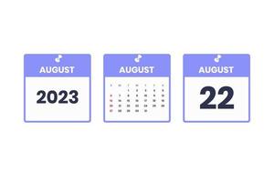 design de calendário de agosto. ícone de calendário de 22 de agosto de 2023 para agendamento, compromisso, conceito de data importante vetor