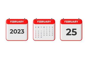 design de calendário de fevereiro de 2023. 25 de fevereiro de 2023 ícone de calendário para agendamento, compromisso, conceito de data importante vetor