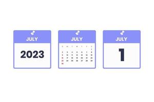 projeto de calendário de julho. ícone de calendário de 1 de julho de 2023 para agenda, compromisso, conceito de data importante vetor