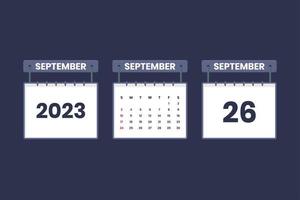 26 de setembro de 2023 ícone de calendário para agendamento, compromisso, conceito de data importante vetor
