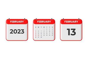 design de calendário de fevereiro de 2023. 13 de fevereiro de 2023 ícone de calendário para agendamento, compromisso, conceito de data importante vetor
