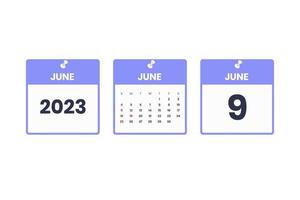 design de calendário de junho. ícone de calendário de 9 de junho de 2023 para agendamento, compromisso, conceito de data importante vetor