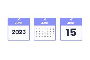 design de calendário de junho. ícone de calendário de 15 de junho de 2023 para agendamento, compromisso, conceito de data importante vetor