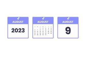 design de calendário de agosto. ícone de calendário de 9 de agosto de 2023 para agendamento, compromisso, conceito de data importante vetor