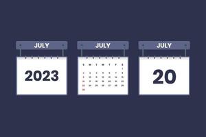 20 de julho de 2023 ícone de calendário para agendamento, compromisso, conceito de data importante vetor